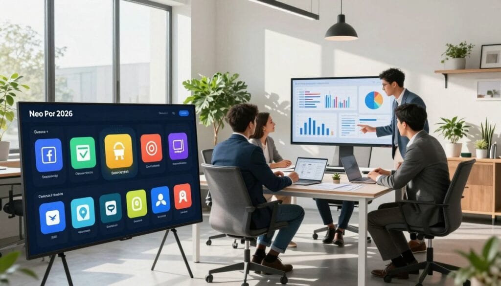 A modern workspace showcasing the top project management tools of 2026. In the foreground, a sleek, interactive digital dashboard displays colorful icons representing various software tools, each with distinctive designs. In the middle, a diverse team of three professionals in business attire collaborates around a high-tech conference table, analyzing charts and graphs on a large screen. The background features a bright, well-lit office filled with plants and contemporary decor, creating an inviting atmosphere. Natural light filters through large windows, casting soft shadows. The composition should evoke a sense of innovation, collaboration, and professionalism, highlighting a future-focused approach to project management.