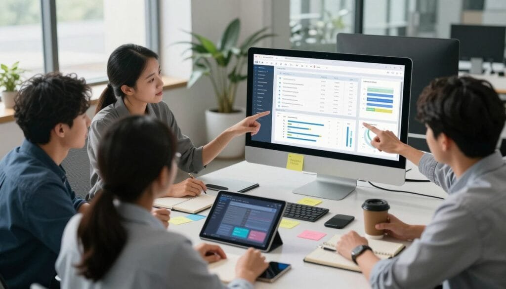 A sleek and modern workspace showcasing a large computer screen displaying advanced project management software interface. In the foreground, a diverse group of professionals in business casual attire collaborate, pointing at the screen and discussing project timelines, tasks, and progress charts. In the middle ground, a stylish conference table surrounded by digital devices like tablets and smartphones, along with colorful post-it notes and notebooks scattered about. The background features a contemporary office with large windows letting in soft natural light, illuminating the space. The mood is innovative and focused, emphasizing teamwork and technological evolution. The image is captured from a slightly elevated angle, providing a comprehensive view of the collaborative environment and advanced software features.