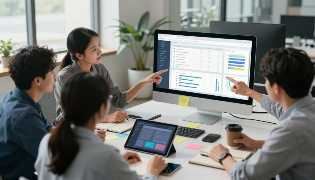 A sleek and modern workspace showcasing a large computer screen displaying advanced project management software interface. In the foreground, a diverse group of professionals in business casual attire collaborate, pointing at the screen and discussing project timelines, tasks, and progress charts. In the middle ground, a stylish conference table surrounded by digital devices like tablets and smartphones, along with colorful post-it notes and notebooks scattered about. The background features a contemporary office with large windows letting in soft natural light, illuminating the space. The mood is innovative and focused, emphasizing teamwork and technological evolution. The image is captured from a slightly elevated angle, providing a comprehensive view of the collaborative environment and advanced software features. A sleek and modern workspace showcasing a large computer screen displaying advanced project management software interface. In the foreground, a diverse group of professionals in business casual attire collaborate, pointing at the screen and discussing project timelines, tasks, and progress charts. In the middle ground, a stylish conference table surrounded by digital devices like tablets and smartphones, along with colorful post-it notes and notebooks scattered about. The background features a contemporary office with large windows letting in soft natural light, illuminating the space. The mood is innovative and focused, emphasizing teamwork and technological evolution. The image is captured from a slightly elevated angle, providing a comprehensive view of the collaborative environment and advanced software features.