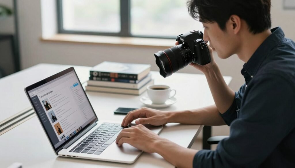Photographer reviewing trial terms before uploading photos Photographer reviewing trial terms before uploading photos