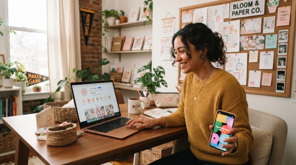 Small-business owner promoting work through social media Small-business owner promoting work through social media